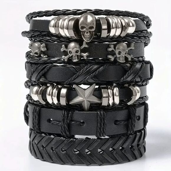 Punk Skull Star Leather Woven Bracelets - 6 Piece - Picture 6 of 6